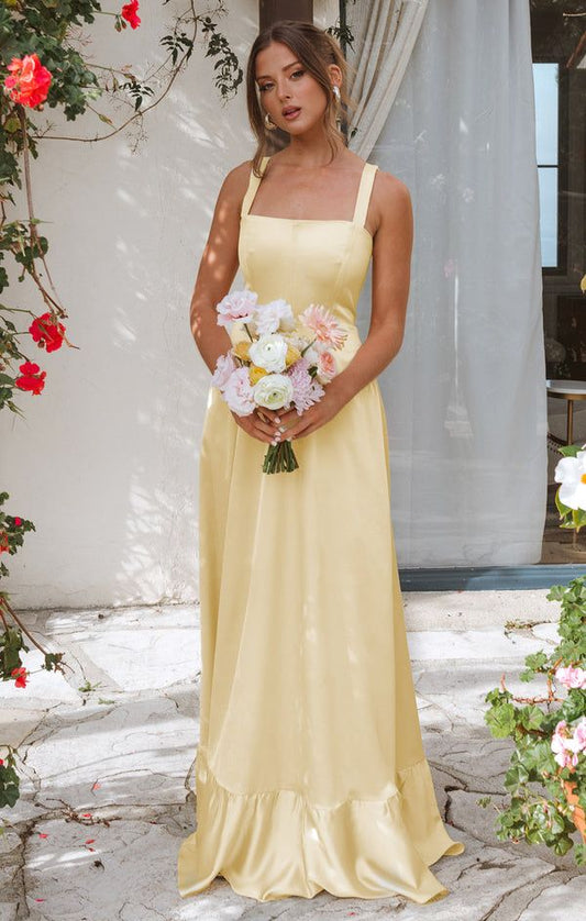 Elegante vestido de fiesta largo en amarillo mantequilla, corte A, tirantes finos, satén, para dama de honor, ED02380