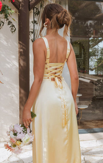 Elegante vestido de fiesta largo en amarillo mantequilla, corte A, tirantes finos, satén, para dama de honor, ED02380