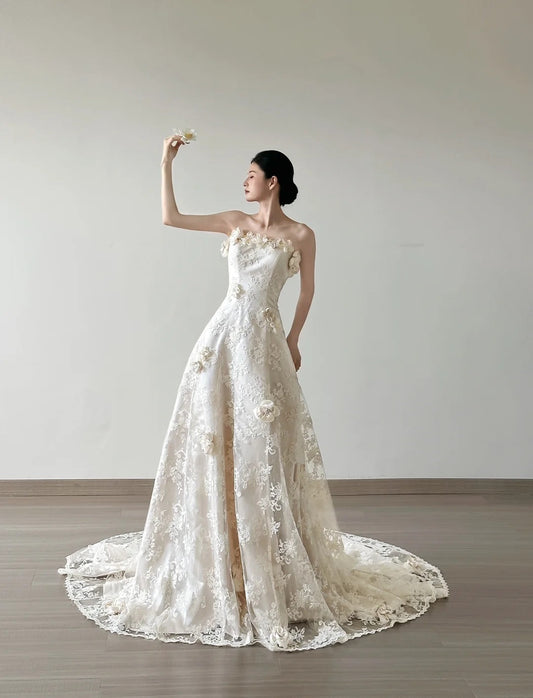 Elegant White Strapless Lace Applique A-Line Wedding Dress ED02385