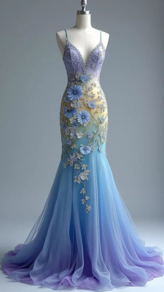 Gorgeous Ombre Purple Mermaid V Neck Tulle Applique Long Prom Dresses Stunning Wedding Dress ED02386