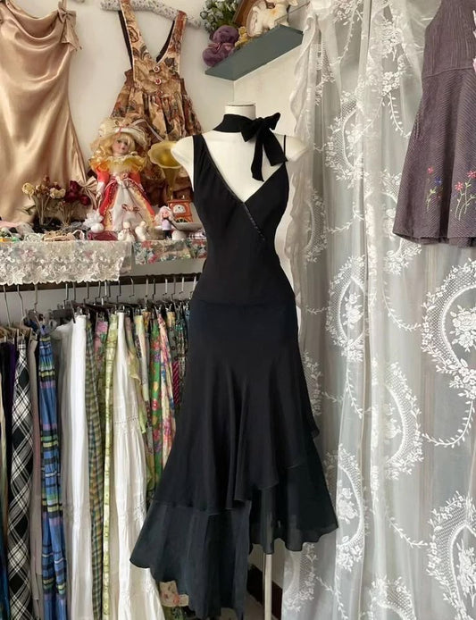 Elegante vestido de fiesta corto de gasa negra con escote en V, vestidos de fiesta sencillos ED02387