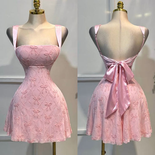 Vestido de fiesta corto rosa con escote cuadrado, corte A, de gasa, bordado con lazo y espalda descubierta, ED02391