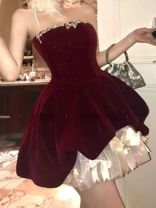 Hermoso vestido de fiesta de terciopelo rojo, corte A, sin tirantes, de tul, corto, con lazo, ED02396