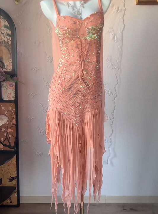 Vestido de fiesta glamuroso color melocotón con tirantes finos, corte tubo de gasa con cuentas, corto, ED02401