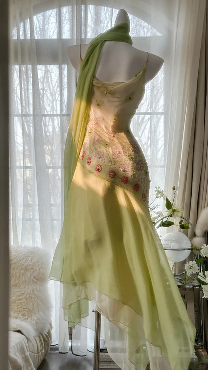 Fairytale Green Spaghetti Straps Vintage Party Dress Sheath Chiffon Beaded Short Prom Dresses  ED02406