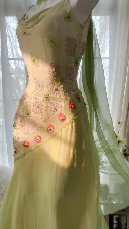 Fairytale Green Spaghetti Straps Vintage Party Dress Sheath Chiffon Beaded Short Prom Dresses  ED02406