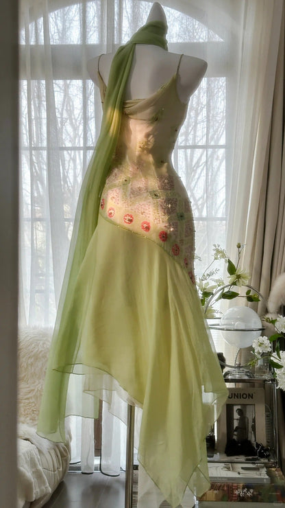 Fairytale Green Spaghetti Straps Vintage Party Dress Sheath Chiffon Beaded Short Prom Dresses  ED02406