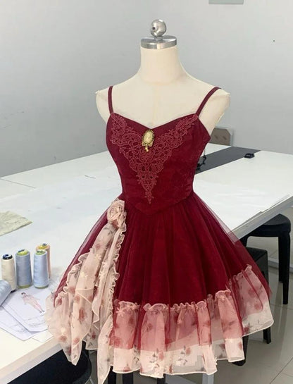 Fairytale Green Spaghetti Strap A-Line Printed Tulle Short Prom Dresses Homecoming Dress  ED02408