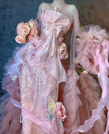 Fairytale Pink Strapless Mermaid Beaded Tulle Long Prom Dresses Formal Evening Gowns with Embroidered Appliques  ED02410