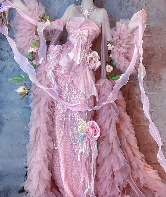 Fairytale Pink Strapless Mermaid Beaded Tulle Long Prom Dresses Formal Evening Gowns with Embroidered Appliques  ED02410