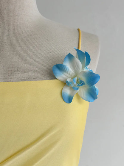 Fairytale Butter Yellow Spaghetti Strap Sheath Chiffon Long Prom Dresses Vintage Evening Gowns ED02416