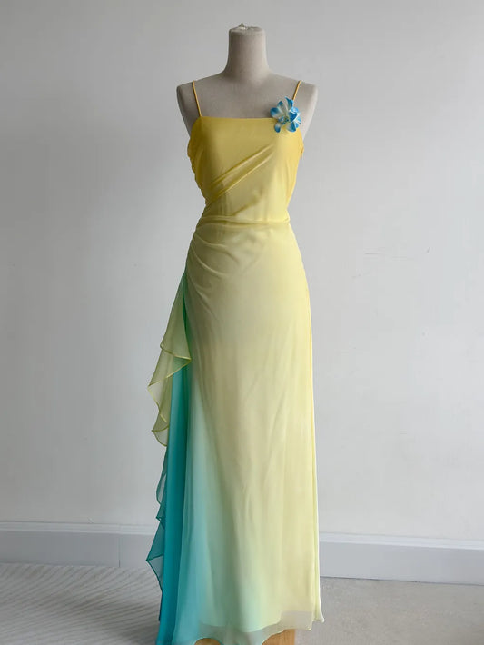 Fairytale Butter Yellow Spaghetti Strap Sheath Chiffon Long Prom Dresses Vintage Evening Gowns ED02416