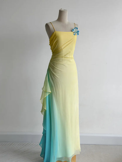 Fairytale Butter Yellow Spaghetti Strap Sheath Chiffon Long Prom Dresses Vintage Evening Gowns ED02416
