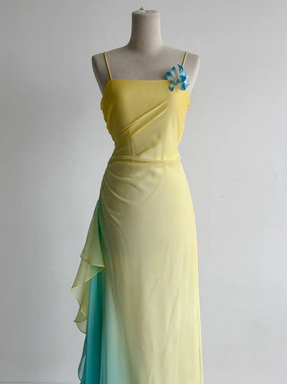 Fairytale Butter Yellow Spaghetti Strap Sheath Chiffon Long Prom Dresses Vintage Evening Gowns ED02416