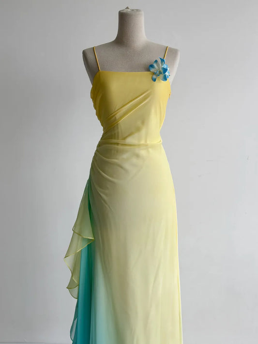 Fairytale Butter Yellow Spaghetti Strap Sheath Chiffon Long Prom Dresses Vintage Evening Gowns ED02416