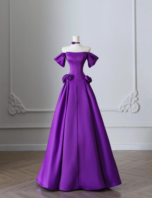 Elegante vestido de fiesta largo de satén morado con hombros descubiertos y corte A, vestido formal de noche ED02419