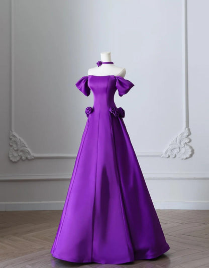Elegante vestido de fiesta largo de satén morado con hombros descubiertos y corte A, vestido formal de noche ED02419