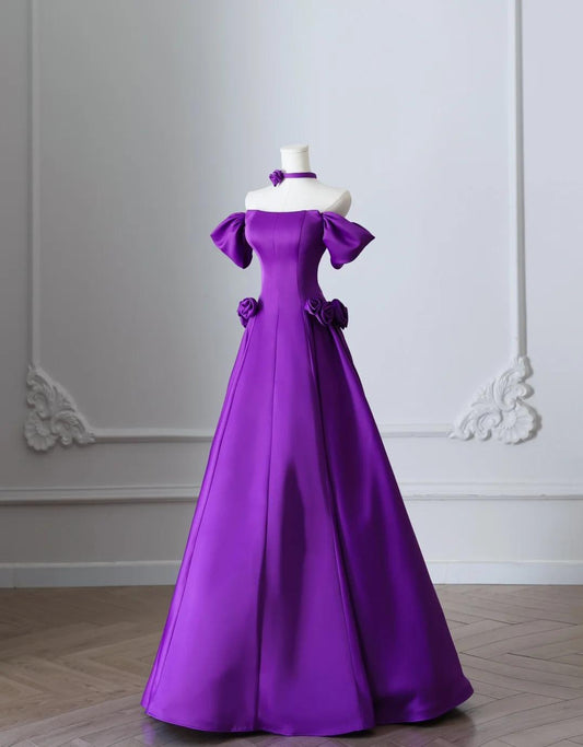 Elegante vestido de fiesta largo de satén morado con hombros descubiertos y corte A, vestido formal de noche ED02419