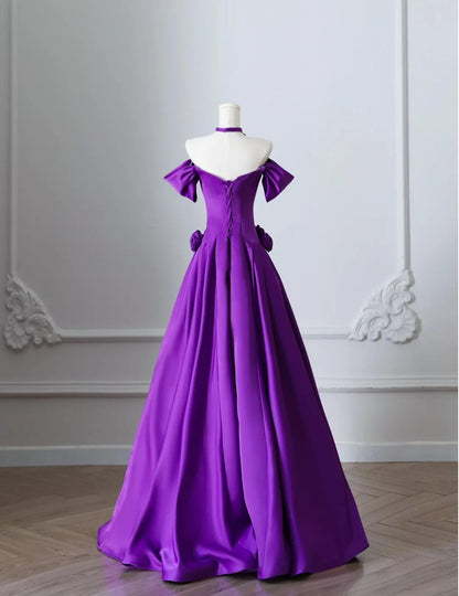Elegante vestido de fiesta largo de satén morado con hombros descubiertos y corte A, vestido formal de noche ED02419