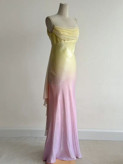 Fairytale Gradient Yellow Pink Spaghetti Straps Mermaid Satin Prom Dresses Vintage Evening Gowns ED02426