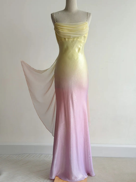 Fairytale Gradient Yellow Pink Spaghetti Straps Mermaid Satin Prom Dresses Vintage Evening Gowns ED02426