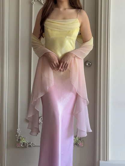 Fairytale Gradient Yellow Pink Spaghetti Straps Mermaid Satin Prom Dresses Vintage Evening Gowns ED02426