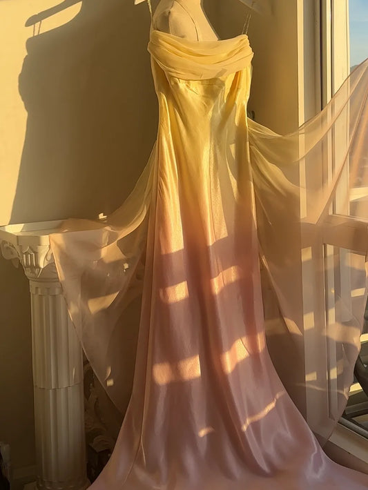 Fairytale Gradient Yellow Pink Spaghetti Straps Mermaid Satin Prom Dresses Vintage Evening Gowns ED02426