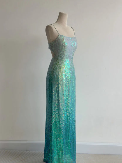 Gorgeous Gradient Jade Spaghetti Strap Sheath Sequins Prom Dresses Backless Evening Gowns ED02427