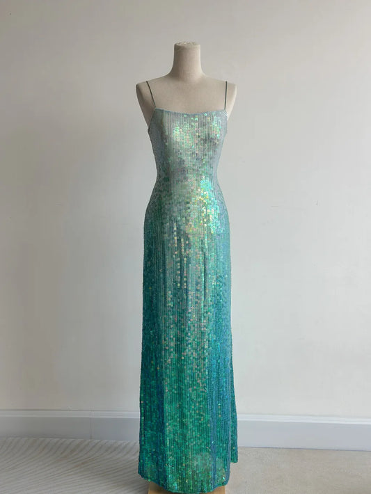 Gorgeous Gradient Jade Spaghetti Strap Sheath Sequins Prom Dresses Backless Evening Gowns ED02427
