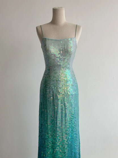 Gorgeous Gradient Jade Spaghetti Strap Sheath Sequins Prom Dresses Backless Evening Gowns ED02427