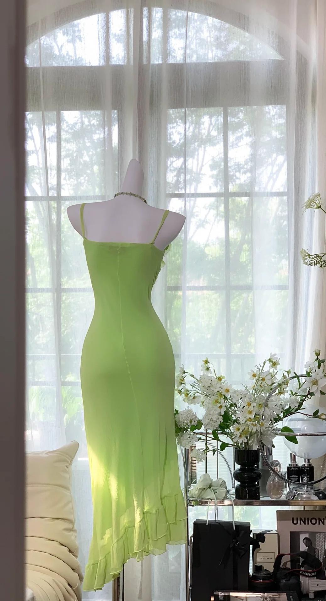 Vestido de fiesta corto de gasa con tirantes finos en verde esmeralda, estilo vintage, ED02428