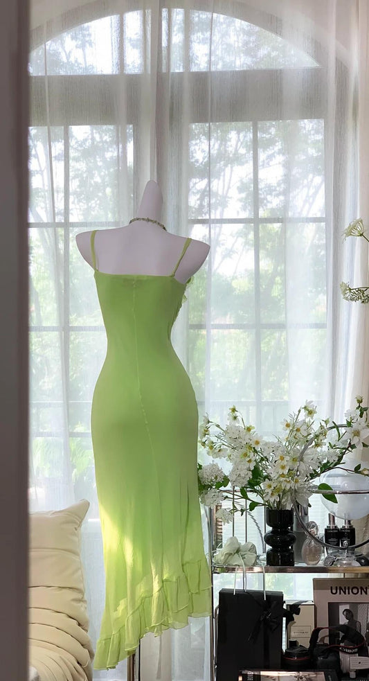 Vestido de fiesta corto de gasa con tirantes finos en verde esmeralda, estilo vintage, ED02428