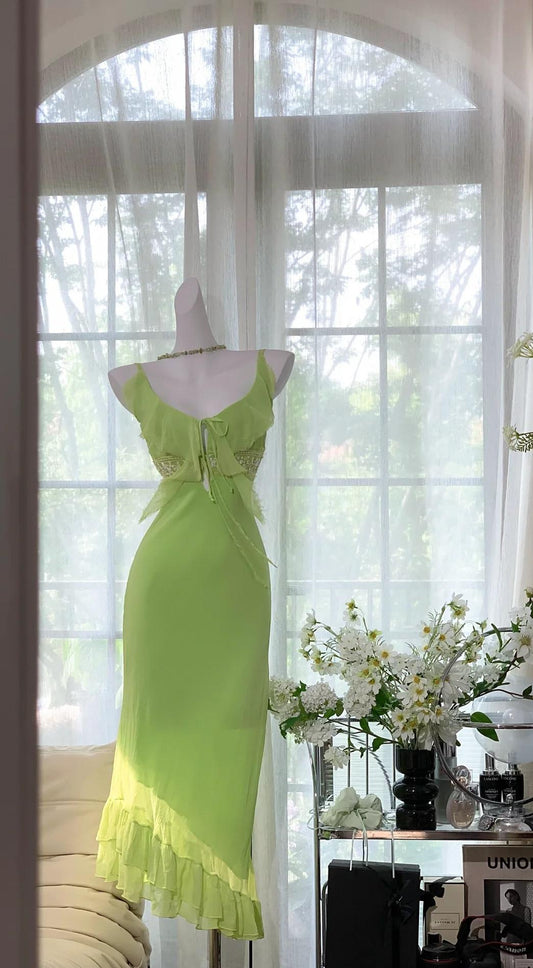 Vestido de fiesta corto de gasa con tirantes finos en verde esmeralda, estilo vintage, ED02428