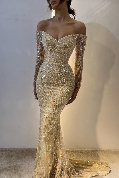 Hermoso vestido de fiesta amarillo con hombros descubiertos, corte sirena, manga larga y cuentas, vestido de noche de moda ED02431