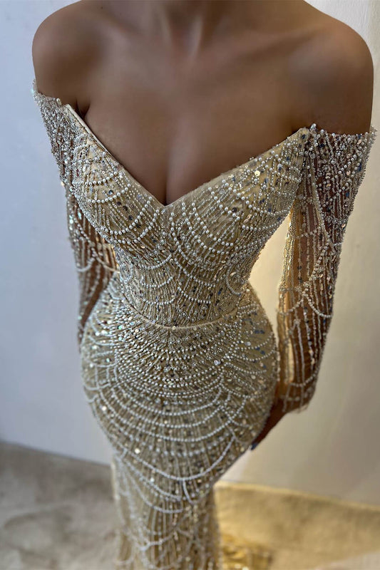 Hermoso vestido de fiesta amarillo con hombros descubiertos, corte sirena, manga larga y cuentas, vestido de noche de moda ED02431