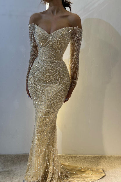 Hermoso vestido de fiesta amarillo con hombros descubiertos, corte sirena, manga larga y cuentas, vestido de noche de moda ED02431