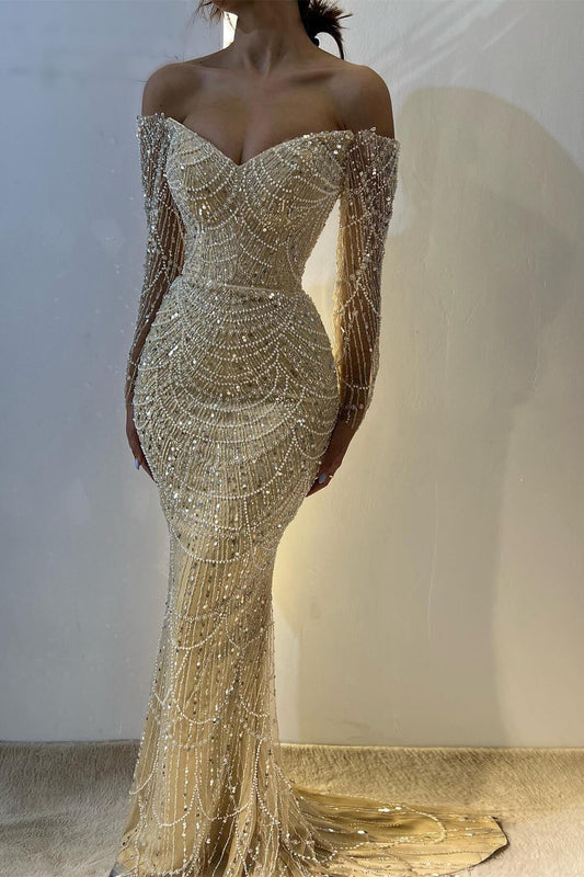 Hermoso vestido de fiesta amarillo con hombros descubiertos, corte sirena, manga larga y cuentas, vestido de noche de moda ED02431