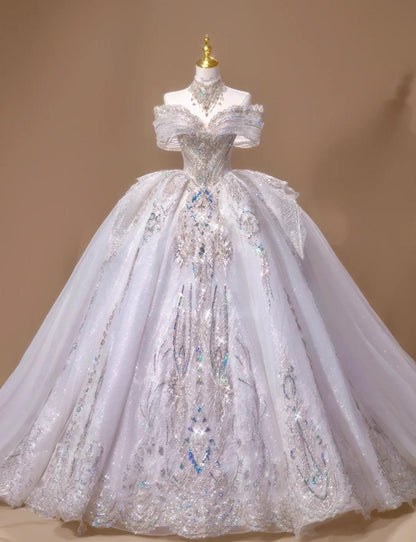 Gorgeous Off-the-shoulder A-Line Tulle Beaded Train Wedding Dress ED02434