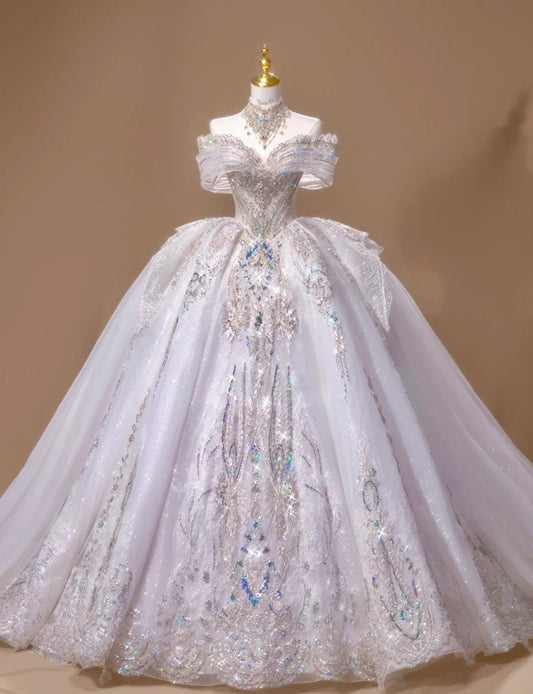 Gorgeous Off-the-shoulder A-Line Tulle Beaded Train Wedding Dress ED02434