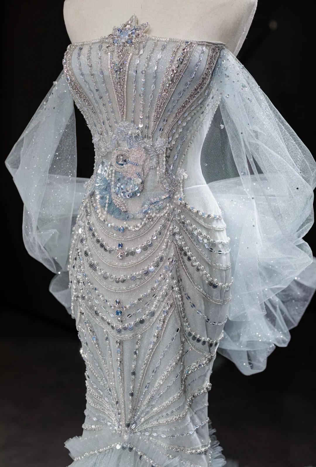 Elegant Grey Strapless Mermaid Tulle Beaded Gorgeous Train Wedding Dress ED02437