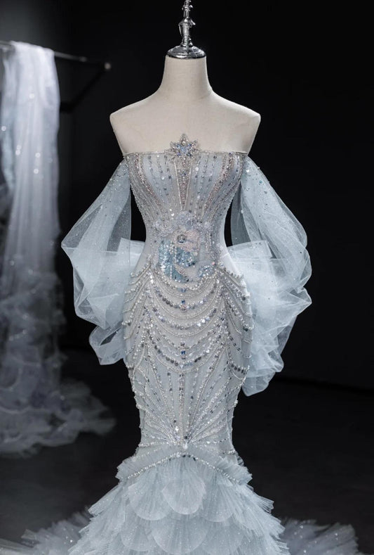 Elegant Grey Strapless Mermaid Tulle Beaded Gorgeous Train Wedding Dress ED02437