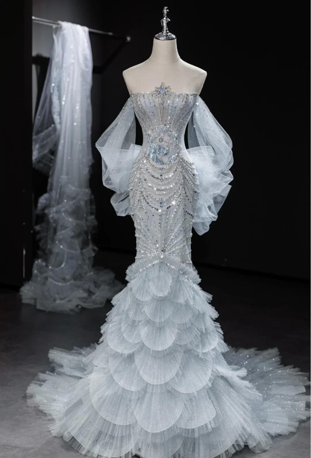Elegant Grey Strapless Mermaid Tulle Beaded Gorgeous Train Wedding Dress ED02437