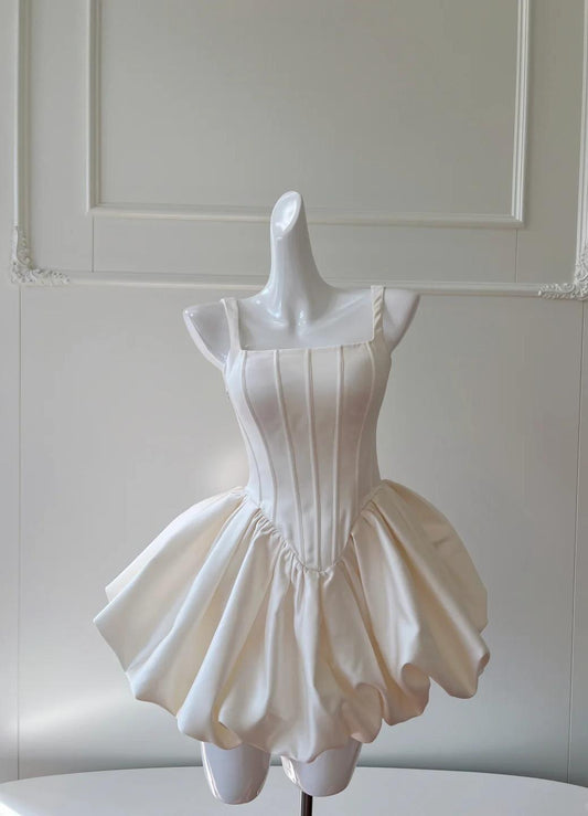 Vestido de fiesta corto de satén blanco crema con escote cuadrado y corte A, vestido de bienvenida ED02438