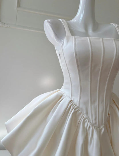 Vestido de fiesta corto de satén blanco crema con escote cuadrado y corte A, vestido de bienvenida ED02438