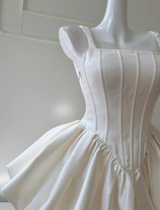 Vestido de fiesta corto de satén blanco crema con escote cuadrado y corte A, vestido de bienvenida ED02438