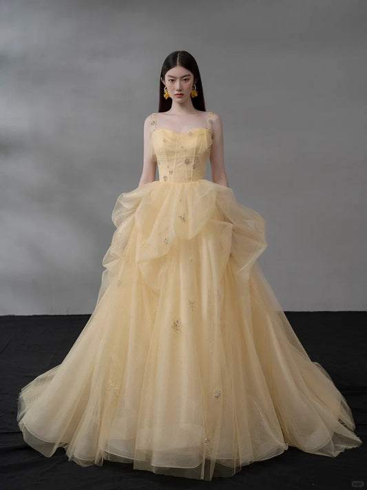 Glitter Light Orange Spaghetti Straps A-Line Tulle Long Prom Dresses Gorgeous Wedding Dress with Rhinestones ED02460