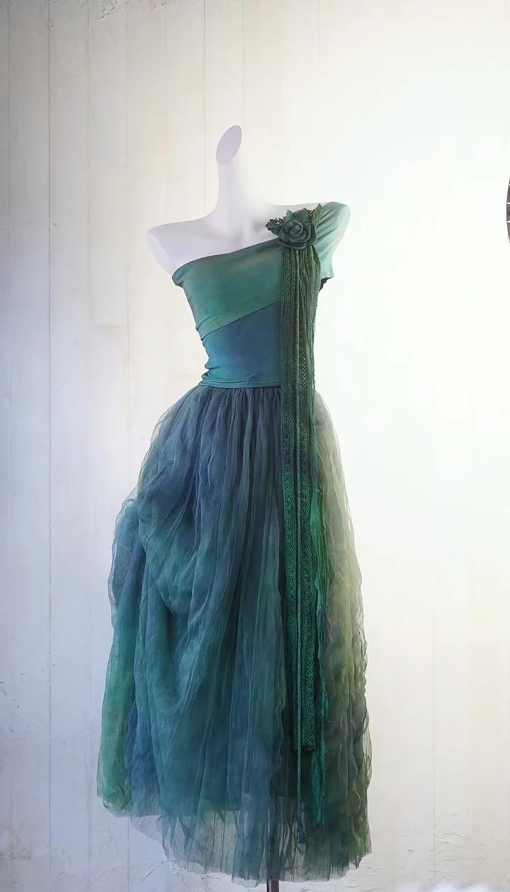 Vestido de fiesta de gasa verde bosque de cuento de hadas, corte A, un hombro, ED02465