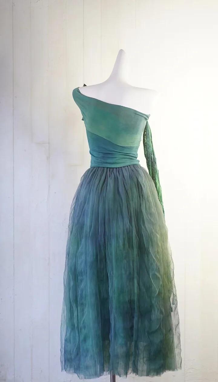 Vestido de fiesta de gasa verde bosque de cuento de hadas, corte A, un hombro, ED02465
