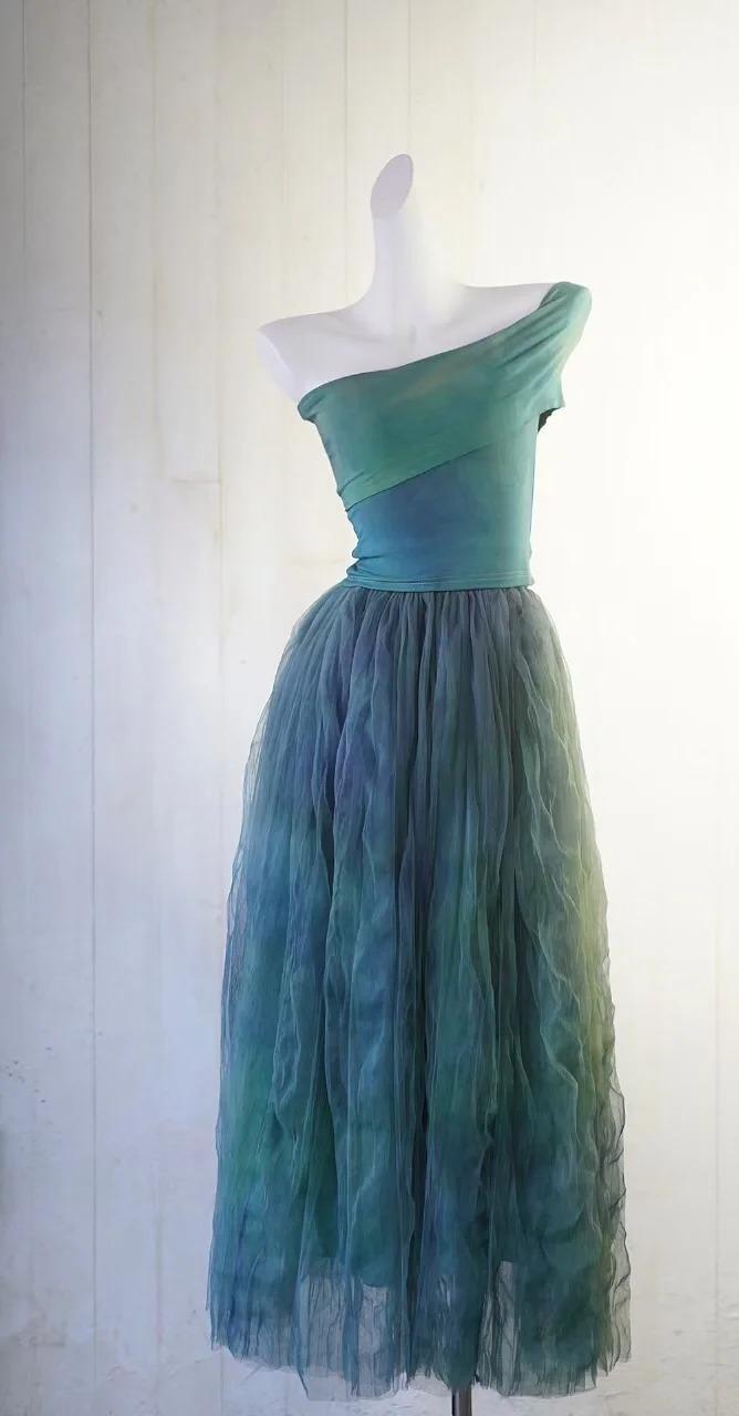Vestido de fiesta de gasa verde bosque de cuento de hadas, corte A, un hombro, ED02465