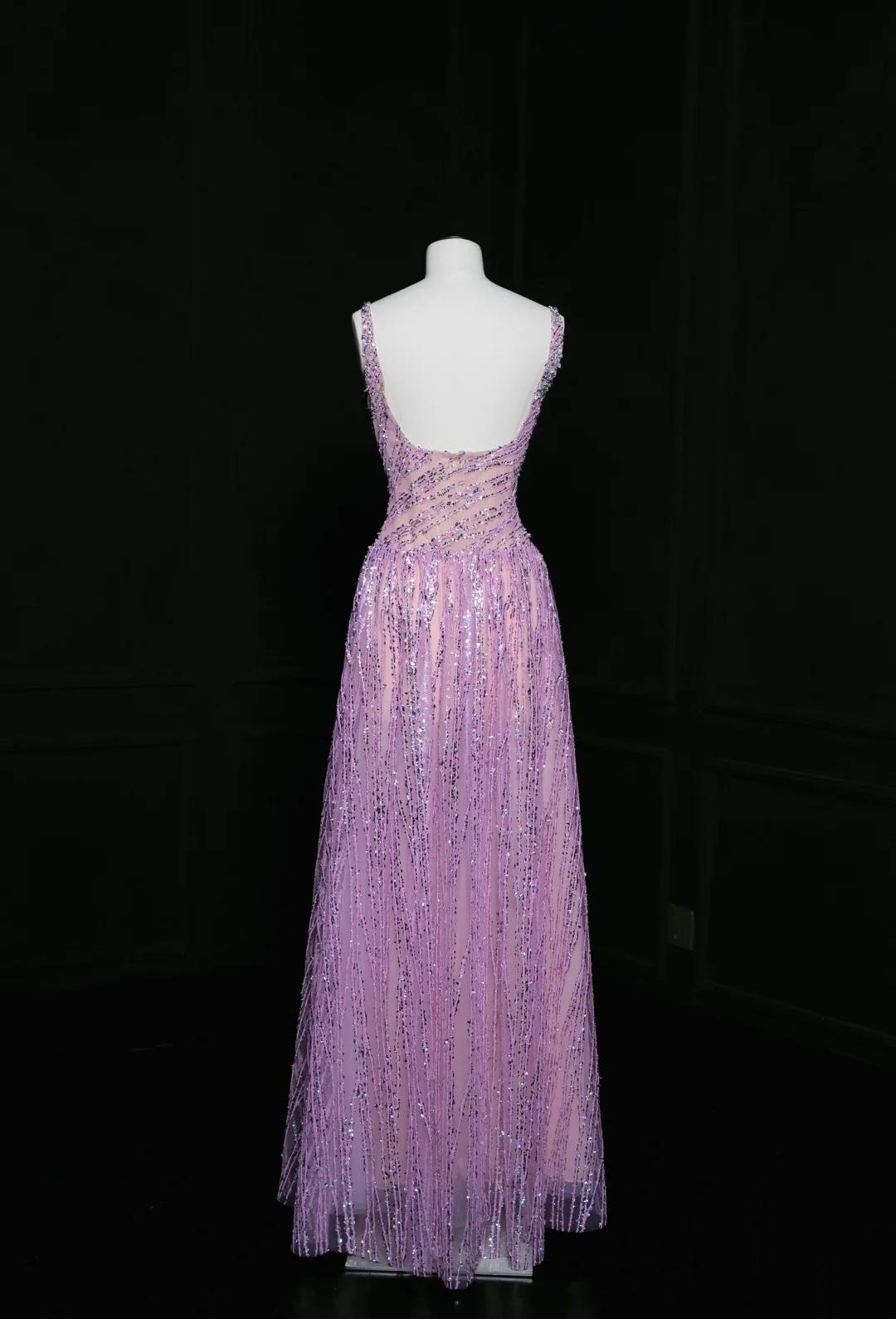 Hermoso vestido de fiesta morado con escote cuadrado y lentejuelas, corte A, para fiesta de cumpleaños, ED02477